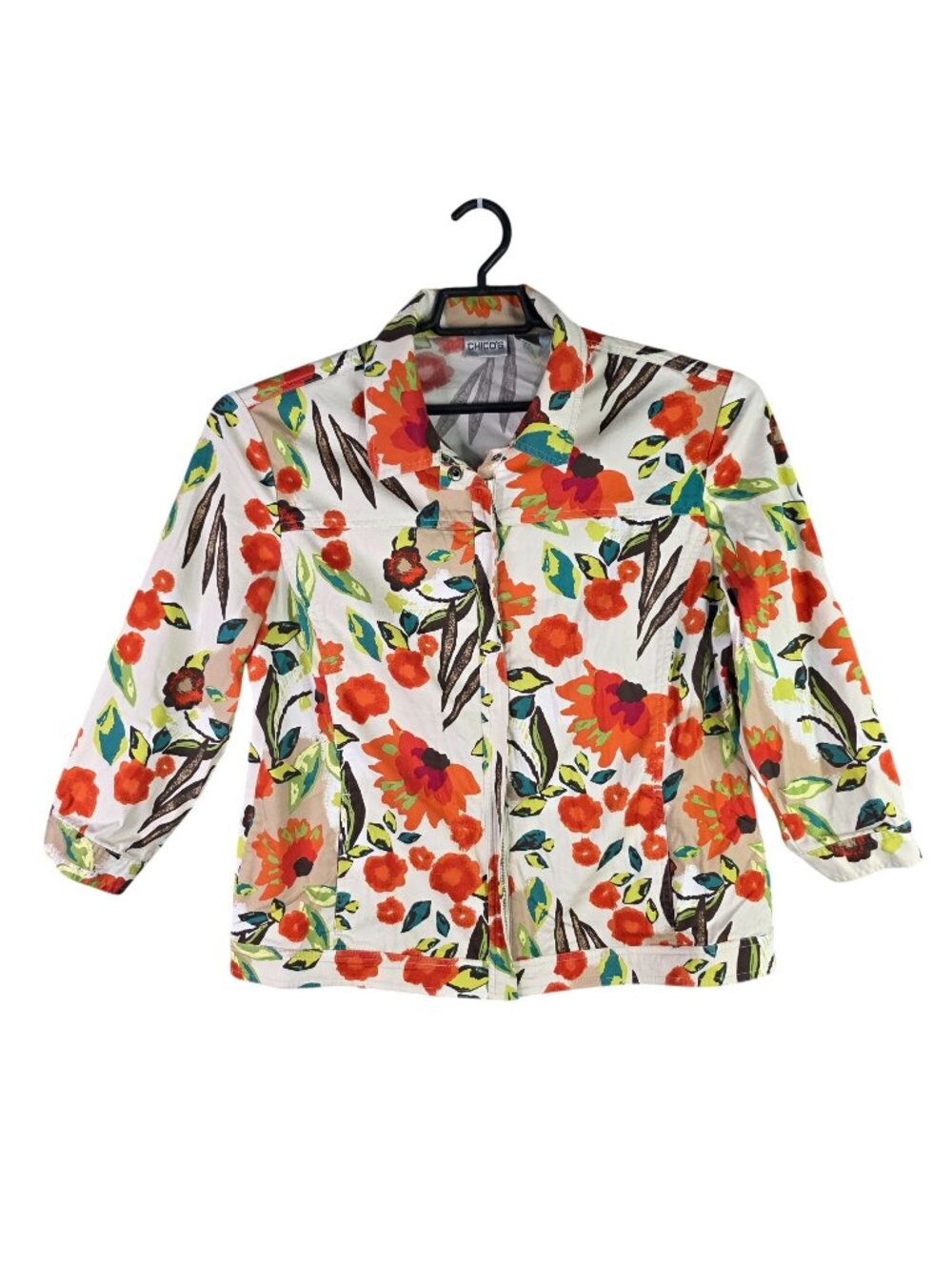 Womens Chicos Beige Orange Green Floral Print Zip Up Jacket Cotton Blend Size 2